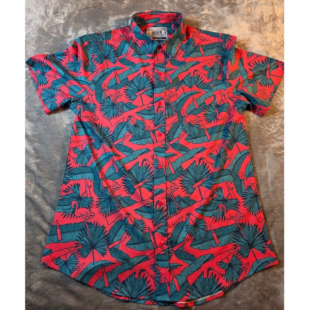 Savage Tacticians Shirt Snap Up Mens Medium Pink Teal Flamingo Rifle Tropical